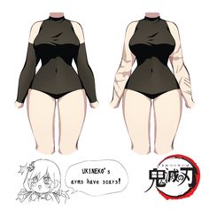 an anime character is wearing a black and white swimsuit with long sleeves, high neckline