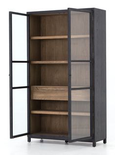 an open bookcase with wooden shelves and glass doors on the front, side view