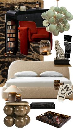 a bedroom with leopard print, red couch and other items on the floor next to it