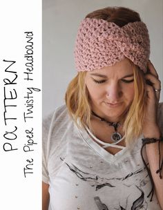 a woman wearing a pink crochet headband and holding her hand to her ear