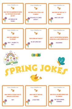 the spring jokes game is shown in yellow and orange colors, with an image of a bird