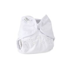 a white cloth diaper with buttons and a bow on the front, sitting against a white background