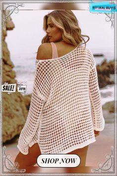 Hollow Out Beach Pullover Cover Ups Casual V-neck Sweater For Beach, Bohemian V-neck Summer Sweater, White V-neck Sweater For Beach, White Long Sleeve Tops For Vacation, Long Sleeve Tops For Beach Season, Long Sleeve Tops For Beach Season Day Out, Casual V-neck Open Knit Cover-up, Long Sleeve Tops For Beach Party, Long Sleeve Tops For Beach Party Season