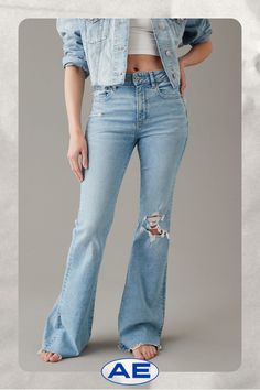 Next Level Stretch/Super soft, super comfortable, and breathable/Our softest, stretchiest, never-loses-its-shape denim/Won't bag out. Ever./Light wash/Ripped Living Room Furniture Styles, High Waisted Flare Jeans, High Waisted Flares, Furniture Styles, Women's Jeans, Flare Jeans, Next Level, Room Furniture, American Eagle Outfitters