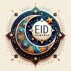 the eid mubarak logo is surrounded by stars and moon shapes in an intricate circular design