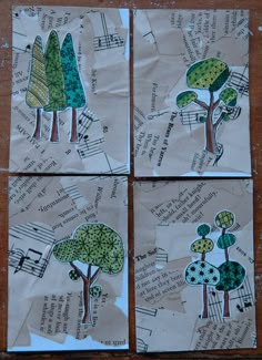 four pieces of paper with trees and music notes on them, sitting on a table