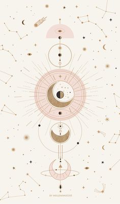 an illustration with the sun, moon and stars in it's center on a beige background