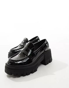 ASOS DESIGN Wide Fit Script chunky mid heel loafers in black patent | ASOS Black Platform Loafers With Chunky Block Heel, High Heel Patent Leather Platform Loafers For Work, Patent Leather Platform Loafers With Chunky Platform, Block Heel Patent Leather Platform Loafers For Work, Chunky Platform Patent Leather Loafers With Round Toe, Patent Leather Platform Loafers With Block Heel For Work, High Heel Patent Leather Platform Loafers For Office, Trendy Patent Leather Loafers With Lug Sole, Patent Leather Platform Loafers For Office