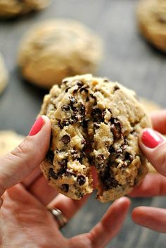 a person holding a chocolate chip cookie in their hand