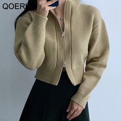 ?QoerliN Style:?Casual Material Composition:?Knitted Decoration:?NONE Pattern Type:?Solid Clothing Length:?Short Collar:?Turtleneck  Season:?Winter Sleeve Length(cm):?Full Sleeve Style:?Regular Material:?Cotton Material:?Polyester Thickness:?STANDARD Closure Type:?zipper Gender:?WOMEN Model Number:?Q-3217 Age:?Ages 18-35 Years Old Style:?Fashion, Korean Style, Chic Fashion Female Sweater Women:?Autumn Winter New Long Sleeve Sweater:?Fashion Sweater New Fashion Girls Winter Clothing:?Single-Breas Turtleneck Fashion, Thick Knit Cardigan, Stand Collar Top, Winter Outfits For Girls, Pullover Mode, Retro Sweater, Women Sweaters Winter, Zippered Cardigan, Cardigan Sweaters For Women