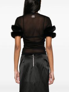 Black Gucci Tops For Winter, Black Gucci Top For Winter, Gucci Black Winter Tops, Black Gucci Winter Top, Gucci Black Top For Night Out, Black Gucci Top For Party, Gucci Black Top For Party, Gucci Black Party Top, Chic Black Top With Feather Trim