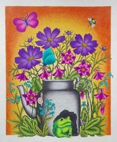 a painting of flowers and a watering can with a green frog in the pot next to it