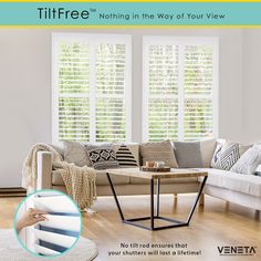 a living room with white shuttered windows and furniture in the foreground is an advertisement for veneta blinds