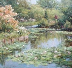 a painting of water lilies and trees