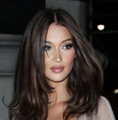 #aesthetic  #bellahadidstyle Kendall Jenner Dark Brown Hair, Bella Hadid Long Hair, Bella Hadid Brown Hair, Bella Hadid Aesthetic Icon, Shiny Dark Brown Hair, Bella Hadid Bangs, Dark Thick Hair, Dark Hair Green Eyes, Pale Brunette