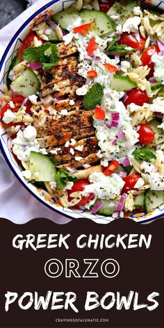 greek chicken orzo power bowls with cucumbers, tomatoes and feta cheese