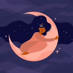 an illustration of a woman sitting on the moon with stars in the sky behind her