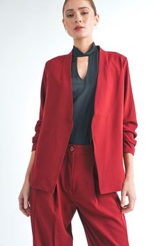 Description Upgrade your wardrobe with our Janet Jacket Set. The matching blazer jacket and pants create a polished and put-together look. Ruched sleeves add a touch of sophistication, while the one button front closure keeps it sleek. The pants feature practical side pockets and an adjustable fit, with pleated legs and a button closure at the hem for a stylish touch. Elevate your professional attire with this set. Product Details and Fit - Blazer jacket and pants set - Ruched sleeves- One butto Jacket And Pants Set, Fitted Blazer Jacket, Zipper Pants, Professional Attire, Fitted Blazer, Dark Navy, Workout Pants, Blazer Jacket, Pants Set