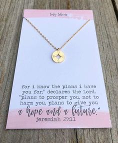 a card with a necklace on it that says, for i know the plans i have