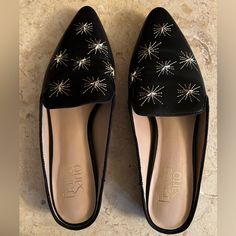 Brand New Black Slip-on Party Flats, Black Low Heel Flats For Party, Black Slip-on Flats For Party, Black Flats For Fall Party, Black Almond Toe Flats For Party, Black Closed Toe Party Flats, Black Pointed Toe Party Flats, Franco Sarto Shoes, Franco Sarto