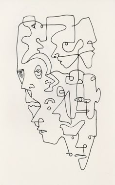 a black and white drawing of a face with many different shapes on the face,