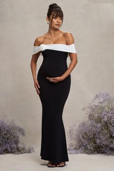 In Bloom Black & White Bardot Maternity Maxi Dress With Flower – Club L London - USA Chic Fitted Maternity Maxi Dress, Elegant Maternity Maxi Dress, Elegant Fitted Maternity Maxi Dress, Elegant Fitted Maxi Dress For Maternity Wear, Formal Fitted Maxi Maternity Dress, Bardot Neckline, Maternity Maxi Dress, Fishtail Skirt, Flower Corsage