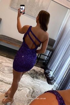 Dark Blue Sequin One Shoulder Open Back Sheath Short Fashion Dresses, – clover sew Graduation Party Dresses, Structured Dress