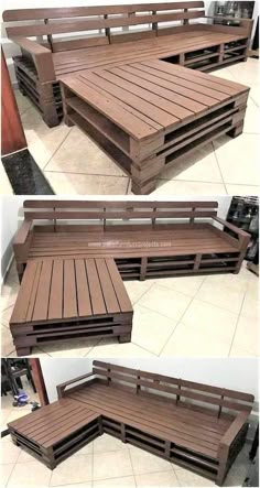 three pictures of different types of wooden benches and tables with one bench made out of pallets