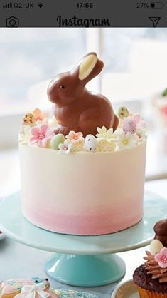 there is a cake decorated with flowers and a bunny on the top, next to other cupcakes