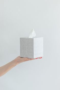 a person's hand holding a tissue box that is striped in grey and white