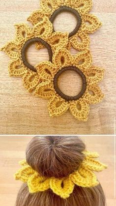 crocheted hair clips are shown in three different ways