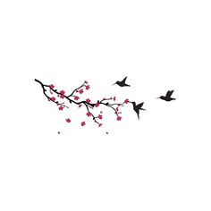 the birds are flying in the sky with pink flowers