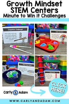 Create a growth mindset with Minute to Win It STEM challenge centers by Carly and Adam! This STEM pack and over 500 other STEM challenges are available in the STEM Teachers Club Membership. Click for your $5 off coupon code. Stem Challenges Elementary, Summer Stem Activities, Stem Lessons, Stem Centers, Summer Stem, Steam Challenges, Stem Elementary