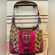 Vintage Coach Classic Logo Shoulder Bag With Magenta & Purple Suede - Brown Classic Logo Print - Magenta & Purple Suede Accents - Front Faux Buckle With Snap Closure - Silver Hardware - Care Tag Included - Good, Vintage Condition. Some Light Wear At Corners - Internal Serial # Clearly Visible - 100% Authentic - Some Minor Wear (See Pictures) - 8” X 11” Purple Suede, Vintage Coach, Classic Logo, Coach Bags, Buckle, Bag Lady, Shoulder Bag, Purple, ? Logo