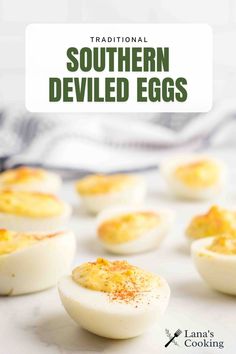 traditional southern deviled eggs with text overlay