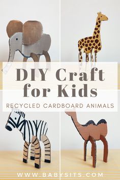 several cardboard animals made to look like zebras and giraffes with text overlay that reads diy craft for kids recycled cardboard animals