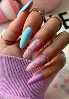 Pastel Heart Nail Designs, Blue And Purple Valentine Nails, Pink And Blue Valentines Nails, Valentines Nails Purple And Pink, Valentines Day Nails Lavendar, Purple And Pink Valentines Day Nails, Nail Art Pink And Blue, Pink Purple Valentine Nails