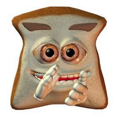 a toasted bread with eyes, mouth and tongue sticking out