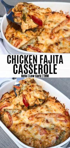 chicken fajita casserole in a white baking dish with a serving spoon