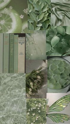 the collage shows green and white flowers, books, and plants in glass vases