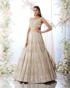 Champagne Sequin Lehenga Set | Seema Gujral | Panache by Sharmeen Champagne Lehenga, Lailli Mirza, Sequin Lehenga, Seema Gujral, Gold Lehenga, Organza Lehenga, Draped Blouse, Lehenga Blouse, Net Dupatta