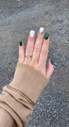 Green White Silver Nails, Green White Black Nails, White Nails With Green Accent, Gray And Green Nails, Silver And White Nails Short, Tri Color Nails, Green And White Gel Nails, Tricolor Nails, Green And White Nail Designs