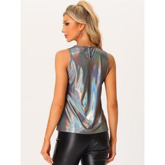 Your glittering personality will shine through in this breezy stretchy metallic flashing round-neck top. A finely smooth top is cut in a chic swing silhouette to make you shine on any occasion in this stylish tank top. It's a nice choice for different parties. Shimmering golden threads make this lightweight, fine-gauge top truly shine. Cut from soft semi-shiny stretch fabric, this lightweight tank top keeps you cool and makes you chic. Shiny Sleeveless Top For Night Out, Glamorous Metallic Sleeveless Top, Metallic Shine Tops For Night Out, Glamorous Sleeveless Metallic Top, Sleeveless Shiny Top For Night Out, Silver Sleeveless Tank Top For Club, Glamorous Shiny Tank Top For Party, Glamorous Shiny Sleeveless Tops, Shiny Sleeveless Tank Top For Party