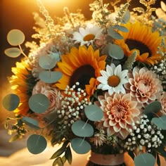 a bouquet of sunflowers and other flowers in a brown vase on a table