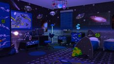 a room with space themed furniture and decorations