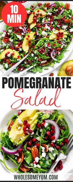 a salad with pomegranate on top and an avocado in the middle