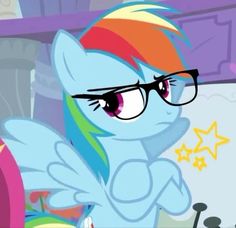 a little pony with glasses looking at something