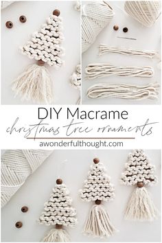 macrame christmas tree ornaments made with yarn and buttons