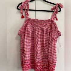 Adorable Summer Top With Embroidery And Tasseled Ties. Nwt. White Casual Top With Tassel Ties, White Casual Tops With Tassel Ties, Casual White Tops With Tassel Ties, White Cotton Top With Tassels, Casual Red Tops With Tassels, Casual Red Tassel Top, Top With Tie Straps, Cropped Workout Top, Navy Polka Dot Dress