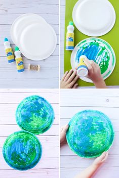 the process to make paper plates with blue and green paint